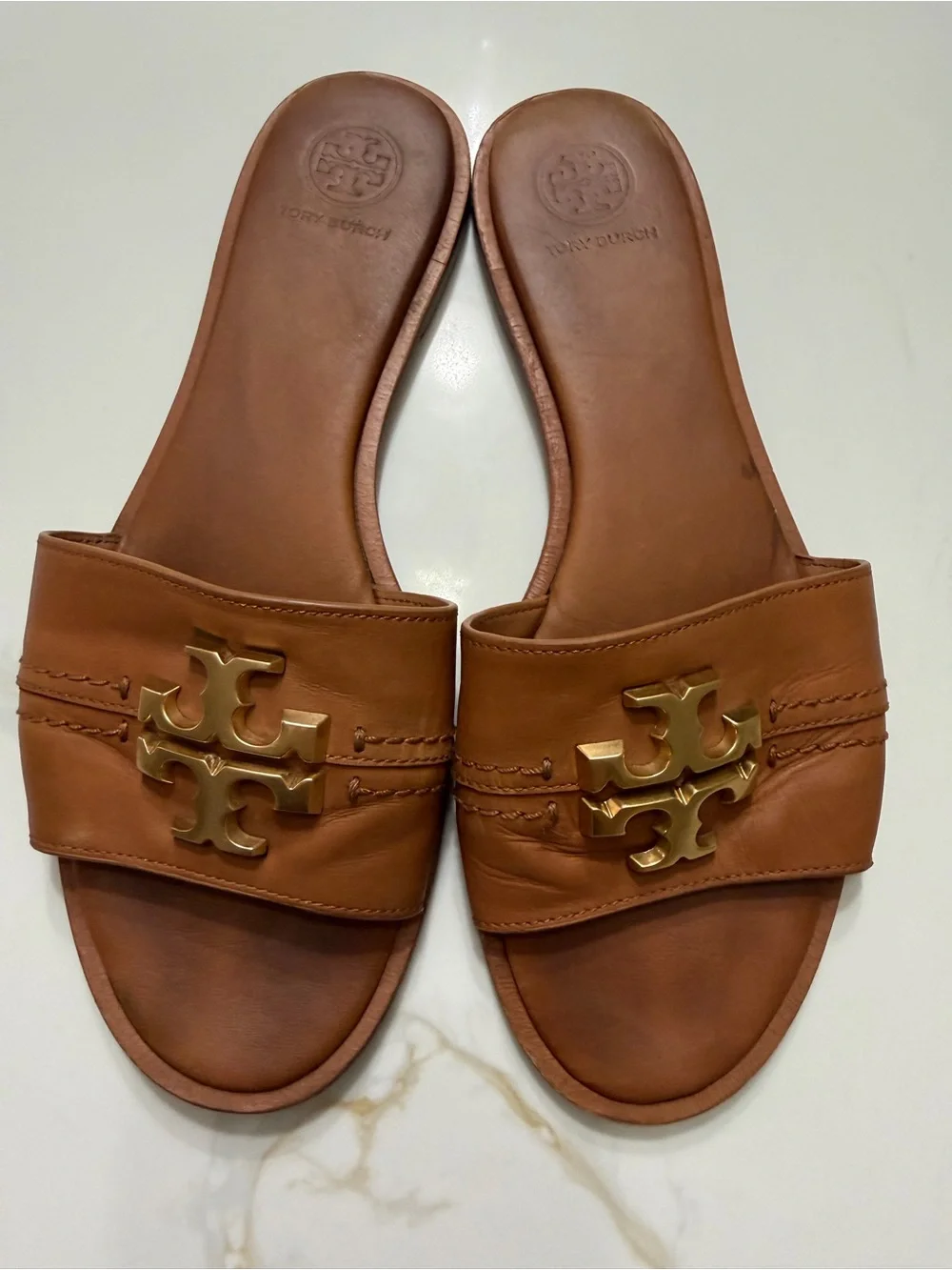 Tory Burch Brown Leather Slide Mules with Gold Logo Accent
